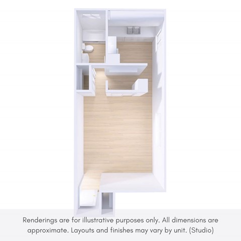 A rendering of a studio apartment with a kitchen, living room, and bathroom.